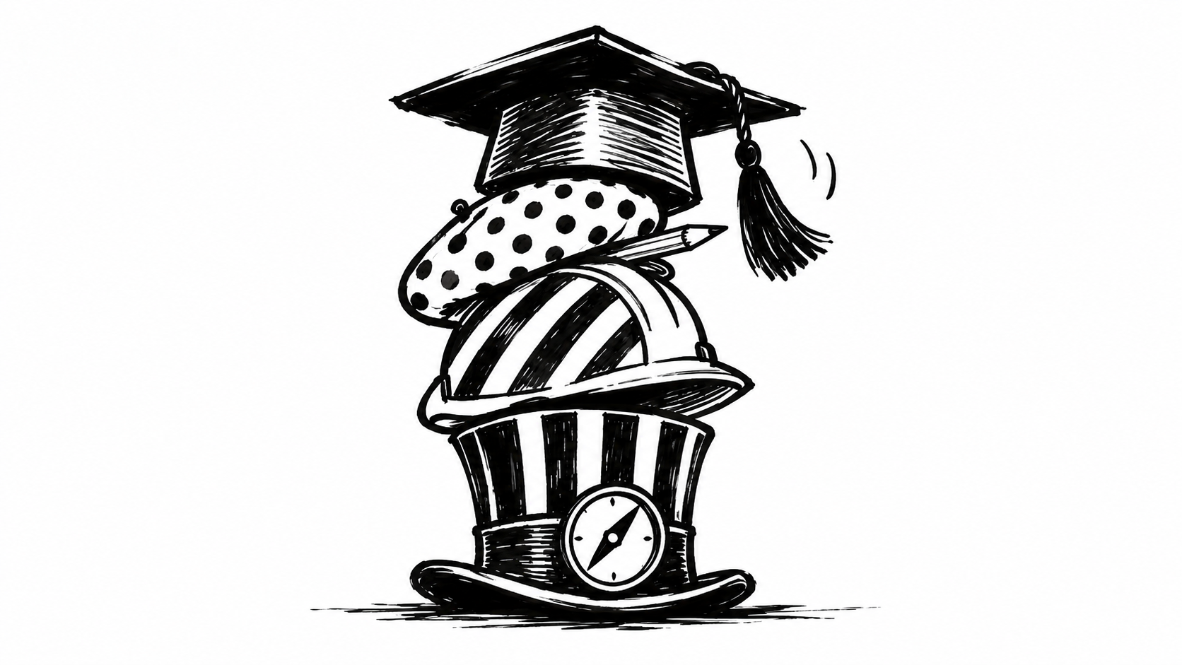 Four hats stacked: a graduation cap, a polka-dot beret with a pencil, a striped hard hat and a top hat with a compass