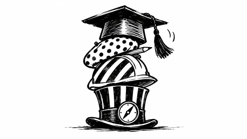 Four hats stacked: a graduation cap, a polka-dot beret with a pencil, a striped hard hat and a top hat with a compass