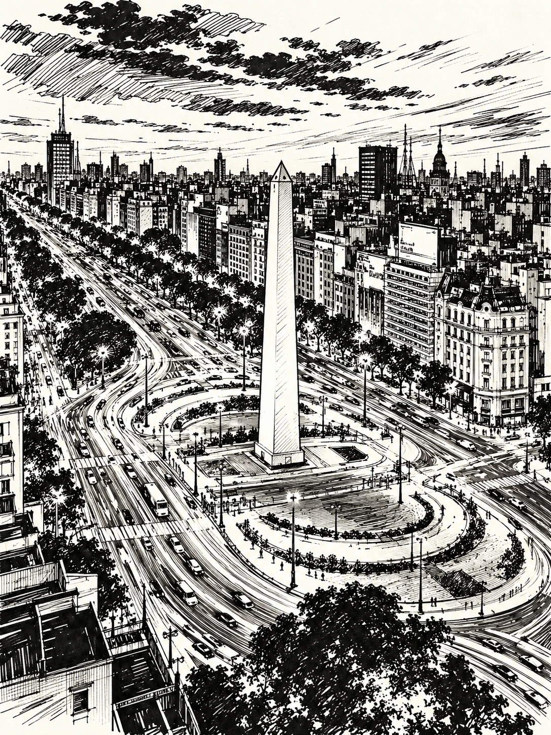 Ink drawing of the Obelisco on Avenida 9 de Julio, Buenos Aires