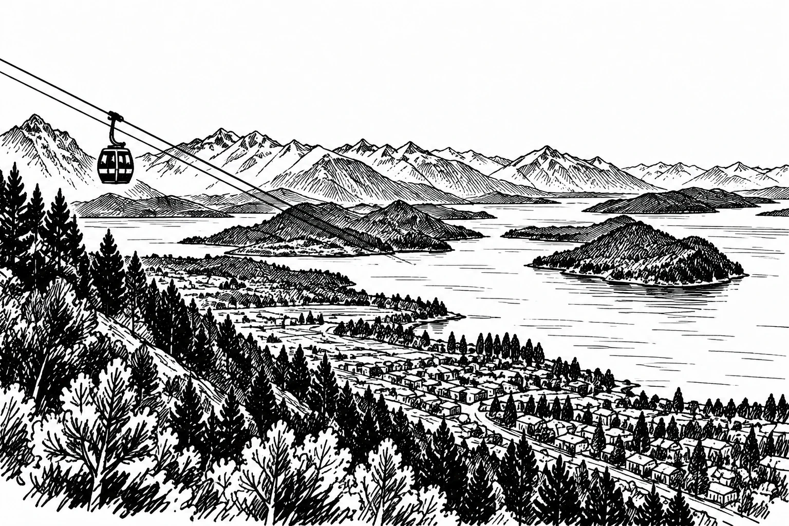 Ink drawing of Bariloche's lakes and mountains with a cable car