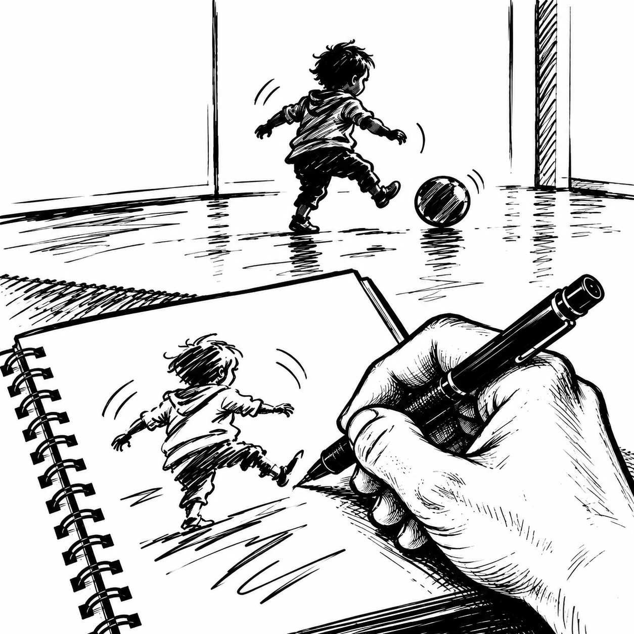 Ink drawing of a hand sketching a toddler kicking a ball
