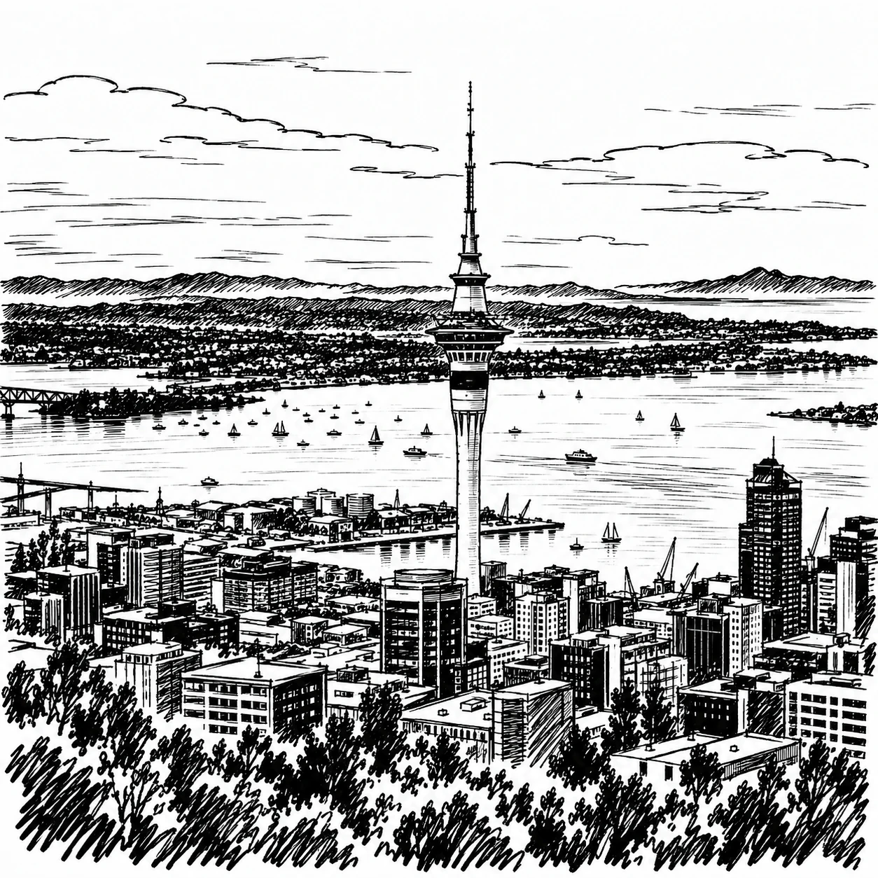 Ink sketch of Auckland harbour and the Sky Tower