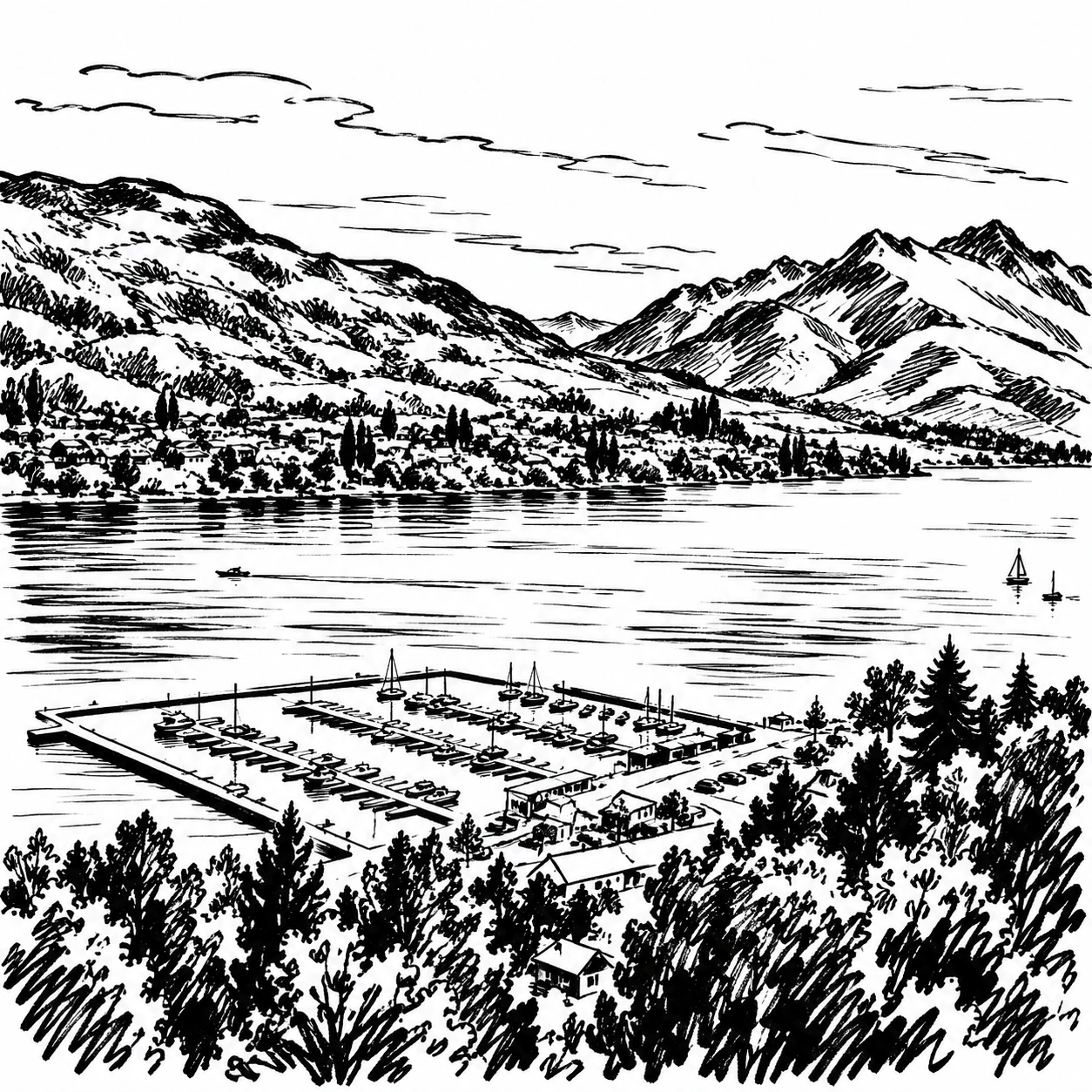 Ink sketch of a lakeside marina below mountains