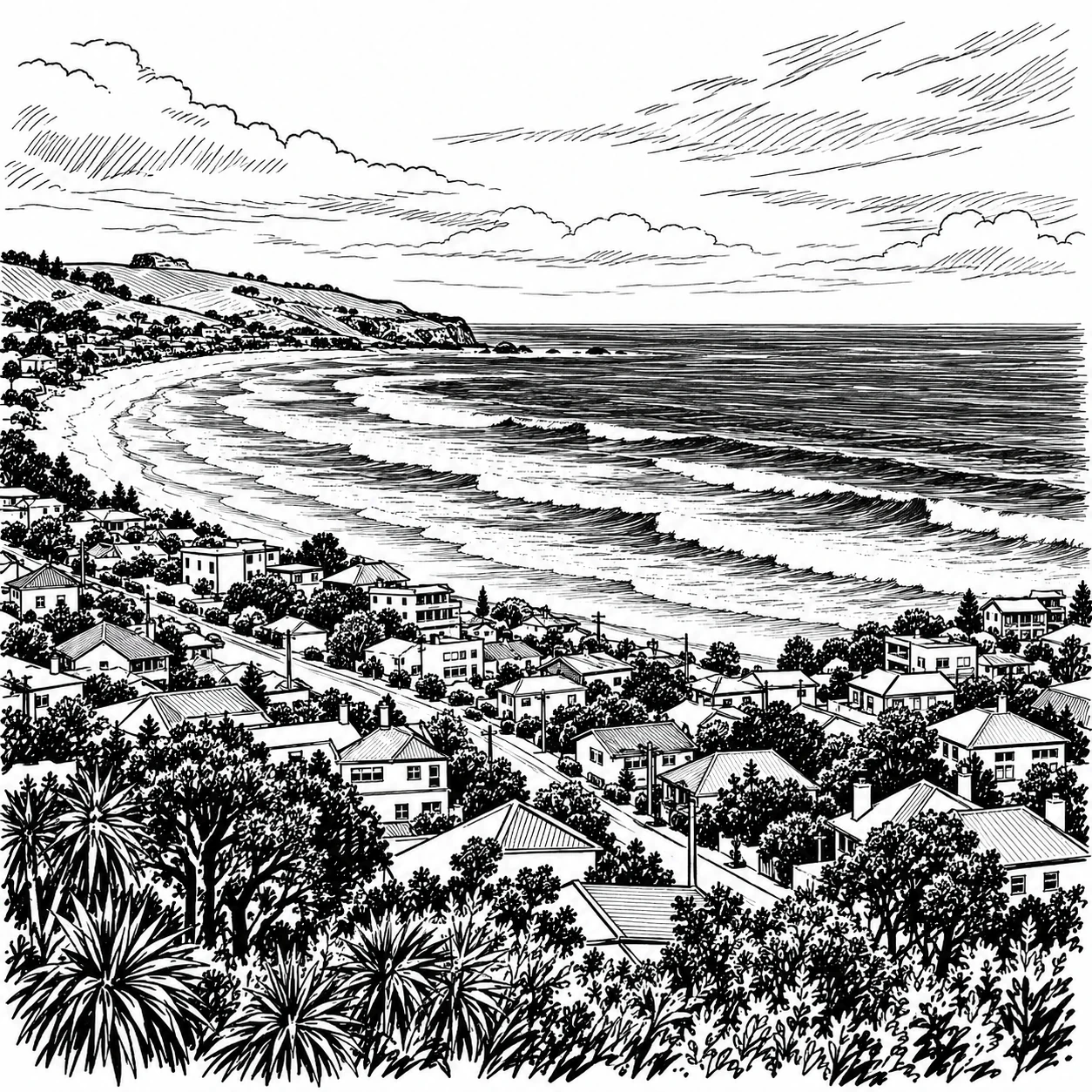Ink sketch of a harbour town on the Otago Peninsula