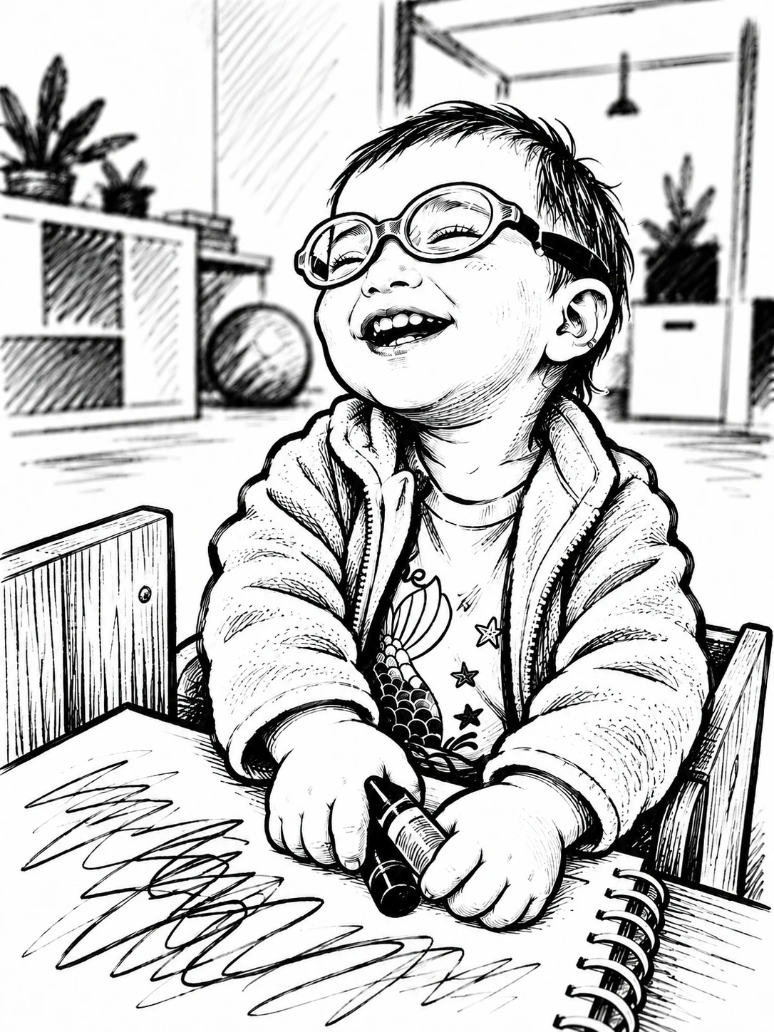 Ink drawing of a laughing toddler holding a crayon over a scribbled sketchbook